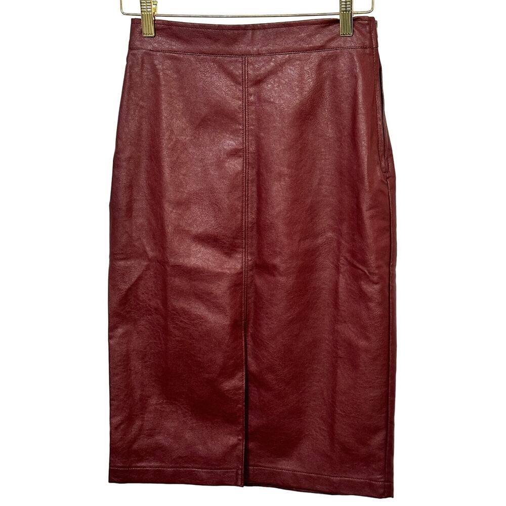 Skies are Blue Faux Leather Vegan Pencil Skirt Burgundy SZ XS